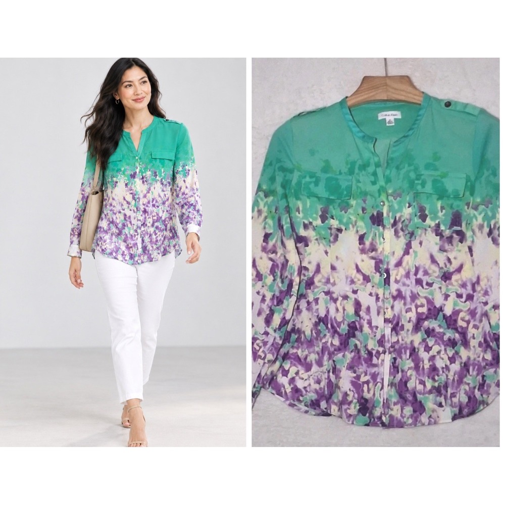 Calvin Klein Watercolor Abstract Tie Dye Button Front Blouse Size M Green Purple